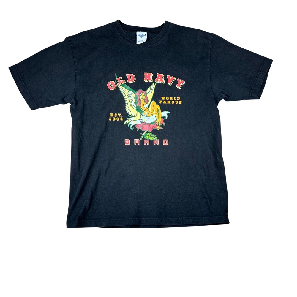 Old Navy Mens Black Graphic T-Shirt Pin-up Angel Fairy Est 1994 Size Small